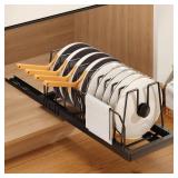 Mustorn Pots and Pans Organizer Under Cabinet, 21.6" Deep Pull Out Pot Lid Organizer Holder with Guardrail Adhesive Pot and Pan Holder Rack with 10 Adjustable Dividers-1 Pack(Black) - Retail: $35
