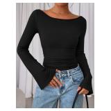 PRETTYGARDEN Womens Long Sleeve Shirts 2026 Spring Crop Going Out Tops Casual Boat Neck Bell Sleeve Ribbed Ruched Y2K Clothes (Black,Large) - Retail: $10