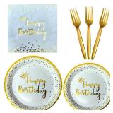 96 Pieces White and Gold Disposable Birthday Plates and Napkins Party Supplies,Plastic Forks Serve 24 Guests for Birthday Party Decorations - Retail: $20