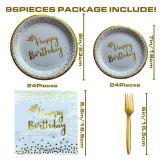 96 Pieces White and Gold Disposable Birthday Plates and Napkins Party Supplies,Plastic Forks Serve 24 Guests for Birthday Party Decorations - Retail: $20