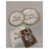 96 Pieces White and Gold Disposable Birthday Plates and Napkins Party Supplies,Plastic Forks Serve 24 Guests for Birthday Party Decorations - Retail: $20