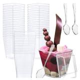 Oasis Creations Square Mini Dessert Cup - 3.5 ounce - 50 Count - Lids & Spoons Included - Clear Plastic - Appetizer Cup - Parfait Cup - Dessert Cup -Disposable or Reusable (50 Pack) - Retail: $13