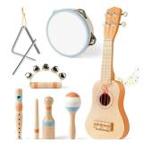 Vanplay Kids Guitar Set - Montessori Toys for 2 3 Year Old Boy Girls Birthday Gifts, 7 in 1 Musical Instruments for Toddlers 2-4, Band Sets with Ukulele/Flute/Tambourine/Maracas Toys for Kids 3-5 - Re