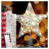 YAUNGEL Christmas Tree Topper, Star Tree Topper with 40 LED and Remote Control Battery Operated Warm Lights Treetop Christmas Decorations, Indoor Home Decor, 10IN Silver - Retail: $17