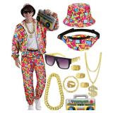 VillbeCoser 80s 90s Outfit for Men Tracksuit Costume, Hip Hop Hat Fanny Pack Ring Bracelet Gold Chain Rapper Sportswear - Retail: $40