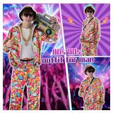 VillbeCoser 80s 90s Outfit for Men Tracksuit Costume, Hip Hop Hat Fanny Pack Ring Bracelet Gold Chain Rapper Sportswear - Retail: $40