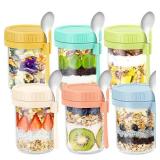 DRKIO 6 Pack Overnight Oats Containers with Lids and Spoons 16 Oz Glass Mason Jars for Overnight Oats Leak Proof Oatmeal Container Great for Cereal Fruit Vegetable Milk Salad Yogurt Meal Prep - Retail