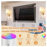 Battery Operated Wall Sconce Set Of Two with Remote Control, Indoor Not Hardwired Dimmable Battery Operated Wall Sconce Light Fixture with Fabric Linen Shade For Bedroom Living Room, Bulb Included ( C
