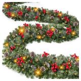 [ Timer & 8 Modes ] 9 Ft by 10 Inch 50 LED Prelit Christmas Garland Decorations Warm White Lights Thick 270 Snowy Tips 70 Red Berry 10 Pinecone Xmas Decor Garland Indoor - Retail: $33