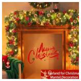 [ Timer & 8 Modes ] 9 Ft by 10 Inch 50 LED Prelit Christmas Garland Decorations Warm White Lights Thick 270 Snowy Tips 70 Red Berry 10 Pinecone Xmas Decor Garland Indoor - Retail: $33