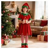 Simplecc Christmas Elf Costume for Kids Girls Costume Xmas Festive Elf Dress Outfit with Elf Hat Shoes Stockings (3-4 Year) - Retail: $29