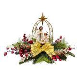 Lnymura Lighted Christmas Nativity Scene Decoration Nativity Figurines Scene for Xmas with Timer Gold Arch Snow Flocked Pine Needles Red Berries and Golden Bow for Christmas Table Decor Holiday Decor 