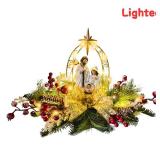 Lnymura Lighted Christmas Nativity Scene Decoration Nativity Figurines Scene for Xmas with Timer Gold Arch Snow Flocked Pine Needles Red Berries and Golden Bow for Christmas Table Decor Holiday Decor 