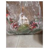 Lnymura Lighted Christmas Nativity Scene Decoration Nativity Figurines Scene for Xmas with Timer Gold Arch Snow Flocked Pine Needles Red Berries and Golden Bow for Christmas Table Decor Holiday Decor 