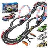 2-in-1 Slot Car Race Track Set with 4 High-Speed Cars, Electric Track, Dual Racing Game with 2 Controllers, Circular Overpass Design Featuring Flash Tracks. Toy Gift for Boys Kids Ages 4-6 6-8 8-12 - 