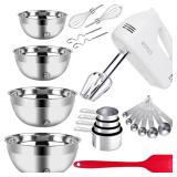 5-Speed Electric Hand Mixer, 4 Large Mixing Bowls Set, Handheld Mixers with Whisks Beater, Stainless Steel Metal Nesting Bowl Measuring Cups Spoons Kitchen Cake Blender for Baking Supplies - Retail: $