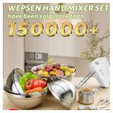 5-Speed Electric Hand Mixer, 4 Large Mixing Bowls Set, Handheld Mixers with Whisks Beater, Stainless Steel Metal Nesting Bowl Measuring Cups Spoons Kitchen Cake Blender for Baking Supplies - Retail: $