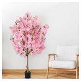 OUSHENG Artificial Cherry Blossom Tree, Fake Plants Indoor Decor, Faux Pink Sakura Flowers for Living Room Home House Entryway Bedroom Office Inside Decorations, 4FT - Retail: $41