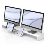 Monitor Stand Riser, Klearlook Foldable Computer Monitor Riser, Height Adjustable Computer Stand, Desk Shelf Riser with Storage Drawer & Tablet Phone Stand for Computer, Desktop, Laptop (White 2 Pack)