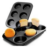 ASBAYSON 2 Packs Premium Steel Muffin Pan for Baking, Round Muffin Baking Pan, Baking Tray for Muffins, Cupcakes, Brownie(Black, 6 Cup) - Retail: $9