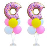 Donut Table Centerpiece Balloons Stand Kit 2 Sets with 2 Doughnut Foil Balloons and 14 Latex Pastel Balloons for Donut Time Decoration Birthday Party Wedding Baby Shower Party Decoration - Retail: $16