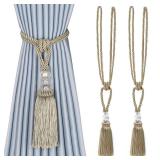 BEL AVENIR 2 Pack Curtain Tiebacks Hand-Woven Crystal Holdbacks Home Decorative Tassels Tiebacks (Dark Beige, 2 Pack) - Retail: $13
