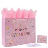 16.5" Extra Large Happy Birthday Gift Bag Set with Handles, Greeting Card, Tissue Papers and Stickers for Women Girls, Pink Floral Design, 1 Pcs - Retail: $7