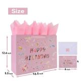 16.5" Extra Large Happy Birthday Gift Bag Set with Handles, Greeting Card, Tissue Papers and Stickers for Women Girls, Pink Floral Design, 1 Pcs - Retail: $7