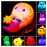 Bath Toys for Toddlers Baby 8 Pack Light Up Toys - Bathtub Toy Flashing Colourful LED Light Shower Bathtime for Kids Infants Shark, Clown Fish, Owl, Unicorn, Octopus, Dolphin, Dinosaur Mermaid - Retai
