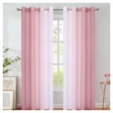Purainbow Pink Ombre Chiffon Sheer Curtains 84 Inch Long for Living Room Bedroom Decor, Crinkle Gradient Semi Voile Grommet Top Window Curtain Drapes for Girls Room, Garden, Yard, Set of 2 Panels - Re