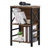 MNEETRUNG Small Bookshelf,3 Tier Industrial Bookcase with Metal Frame and Backboard,Low Rustic Brown Book Shelf,Book case for Small Spaces,Living Room,Bedroom and Home Office - Retail: $38