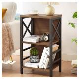 MNEETRUNG Small Bookshelf,3 Tier Industrial Bookcase with Metal Frame and Backboard,Low Rustic Brown Book Shelf,Book case for Small Spaces,Living Room,Bedroom and Home Office - Retail: $38