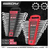 30-Piece Combination Wrench Set - Open End Wrench Set with Organizer Professional 12 Point Wrench Kit Tool for Mechanic Garages Workshops 1/4