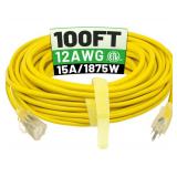 POWGRN 100 ft 12/3 Outdoor Extension Cord Waterproof Heavy Duty with Lighted Indicator End 12 Gauge 3 Prong, Flexible Cold-Resistant Long Power Cord Outside, 15Amp 1875W SJTW Yellow ETL Listed - Retai