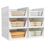 Pinkpum 6 Pack Closet Organizers Storage Bins, Stackable Plastic Drawer Basket for Clothing, Stackable Storage Bins Shelf Storage Container for Closet Wardrobe Bedroom Bathroom Office White - Retail: 