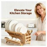 QUEENKAY Dish Drying Rack Collapsible 2-Tier Bamboo Dish Rack for Kitchen Counter Wooden Dish Drainer with Foldable Space-Saving Design for Dishes, Plates, and Cups - Retail: $27