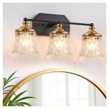 Vintage Bathroom Vanity Light Fixtures, Black and Gold 3-Light Vanity Light, Antique Bathroom Lighting Fixtures Over Mirror with Crystal Glass Shade, Vanity Lights for Bedroom Living Room Hallway - Re