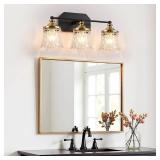Vintage Bathroom Vanity Light Fixtures, Black and Gold 3-Light Vanity Light, Antique Bathroom Lighting Fixtures Over Mirror with Crystal Glass Shade, Vanity Lights for Bedroom Living Room Hallway - Re