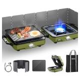 ODSD 2 Burner Camping Stove with Windshield, 20000 BTU Propane Camp Stove, Portable Folding Gas Stove, Camping Essentials Gear Includes Frying Pan, Coffee Stand & Carry Bag, Green - Retail: $110