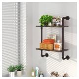Helsin 2 Tier Industrial Pipe Floating Bathroom Shelves, 16inch Rustic Wood Wall Mounted Shelf, Storage Rack Sundries Holder for Kitchen Office Bathroom Organization & Home Decor - Retail: $40