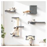 Cat Wall Shelves, Solid Wood & Velvet & Sisal Scratcher, 44lbs Max Load, Wall Mounted Cat Furniture for Climbers, Cat Climbing Wall System, Fits Drywall & Solid Walls - Light Gray 5 in 1 - Retail: $69