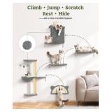Cat Wall Shelves, Solid Wood & Velvet & Sisal Scratcher, 44lbs Max Load, Wall Mounted Cat Furniture for Climbers, Cat Climbing Wall System, Fits Drywall & Solid Walls - Light Gray 5 in 1 - Retail: $69
