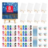 8 Pack 8 * 10In Canvas Boards for Painting, Art Canvas for Drawing with 16 Brushes & 8 Paint Trays & 16 Acrylic Paint, Mini Painting Canvas with Easel Set, Painting Kits for Adults Party