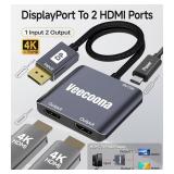 DisplayPort to Dual HDMI Adapter 1 in 2 Out | 4K60Hz, DP Source to HDMI Splitter Extended Display port splitter for Dual monitors, for Desktop,Laptop,NVIDIA, AMD Graphics Card - MACOS Not Support MST