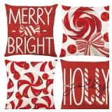 Heirloom Haven 4pcs Christmas Pillow Covers Decoration,18x18in Red Candy Pillow Case Merry Bright Holly Throw Pillow Covers Cushion Cases for Winter Holiday Seasonal Farmhouse Couch Sofa Home Decor