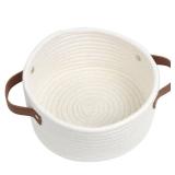 Small Woven Basket, Cute Mini Cotton Rope Storage Basket with leather handle, Tiny Decorative Round Storage Bin, Boho Empty Gift Baskets for Organizing, Toy Organizer for Nursery (Narrow handle)
