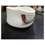 Small Woven Basket, Cute Mini Cotton Rope Storage Basket with leather handle, Tiny Decorative Round Storage Bin, Boho Empty Gift Baskets for Organizing, Toy Organizer for Nursery (Narrow handle)