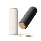 LIBKEN Non-Spill Salt and Pepper Grinder Set - Adjustable Ceramic Grinder - Minimalistic Spice Mill - Easy to Refill Condiments Dispenser - Wood & Soft-Coated Plastic - 6.2 x 2.2 inch (White & Grey)