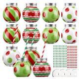 Baderke 12 Pcs 10oz Christmas Ornament Cups with Lid and Straw Holiday Ball Plastic Bulb Cups Xmas Designs Reusable Plastic Fish Bowls for Drinks Christmas Party Supplies(Green,Polka Dots and Stripes)