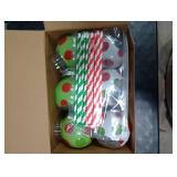Baderke 12 Pcs 10oz Christmas Ornament Cups with Lid and Straw Holiday Ball Plastic Bulb Cups Xmas Designs Reusable Plastic Fish Bowls for Drinks Christmas Party Supplies(Green,Polka Dots and Stripes)